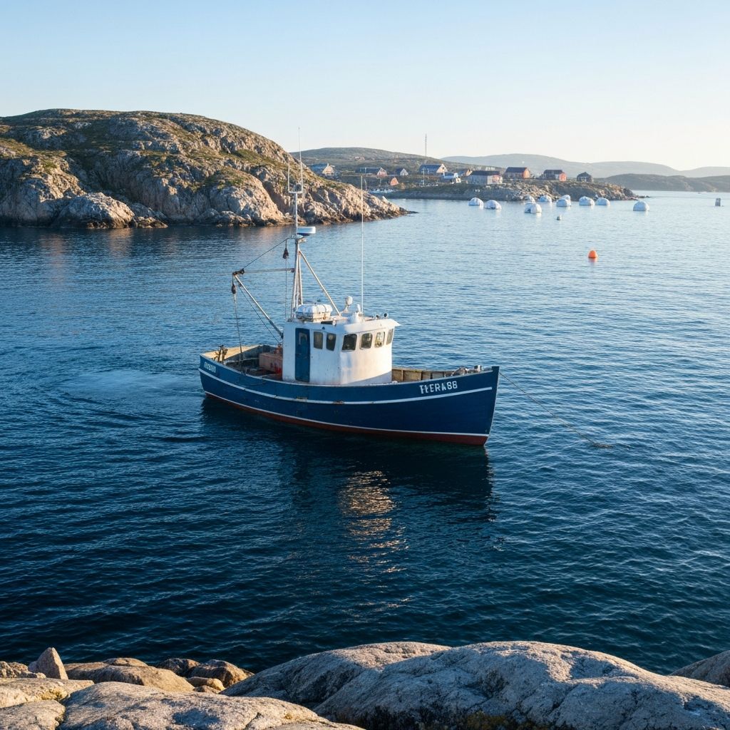 Arctic fishing boat near Nunavut coastline